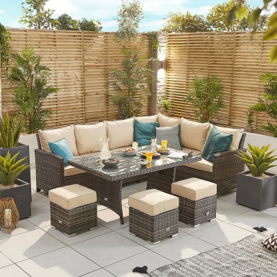Cambridge L-Shaped Corner Rattan Lounge Dining Set with 3 Stools - Right Handed Parasol Hole Table in Brown Rattan
