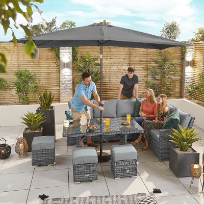Cambridge L-Shaped Corner Rattan Lounge Dining Set with 3 Stools - Right Handed Parasol Hole Table in Grey Rattan