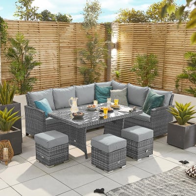 Cambridge L-Shaped Corner Rattan Lounge Dining Set with 3 Stools - Right Handed Parasol Hole Table in Grey Rattan