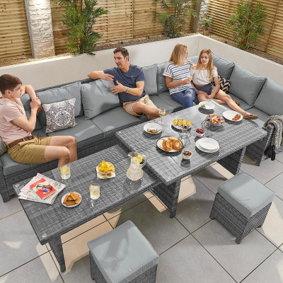 Cambridge L-Shaped Corner Rattan Lounge Dining Set with 3 Stools - Right Handed Extending Table in Grey Rattan