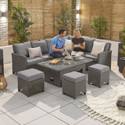 Ciara L-Shaped Corner Rattan Lounge Dining Set with 3 Stools - Right Handed Rising Table in Slate Grey