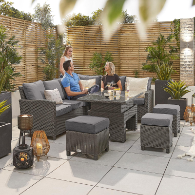 Ciara L-Shaped Corner Rattan Lounge Dining Set with 3 Stools - Right Handed Rising Table in Slate Grey