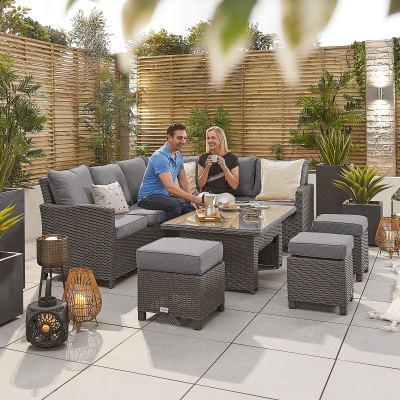 Ciara L-Shaped Corner Rattan Lounge Dining Set with 3 Stools - Right Handed Rising Table in Slate Grey