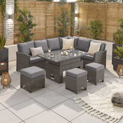 Ciara L-Shaped Corner Rattan Lounge Dining Set with 3 Stools - Right Handed Rising Table in Slate Grey