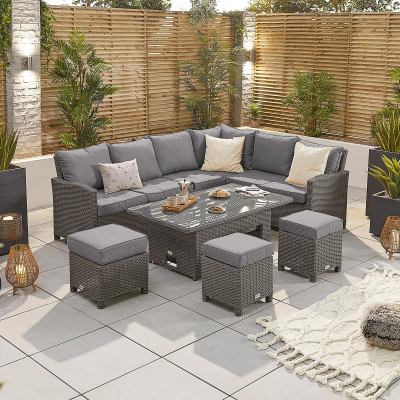 Ciara L-Shaped Corner Rattan Lounge Dining Set with 3 Stools - Right Handed Rising Table in Slate Grey