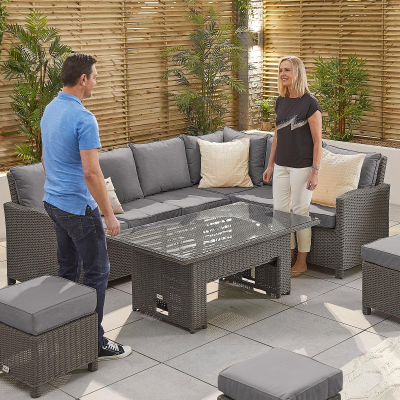 Ciara L-Shaped Corner Rattan Lounge Dining Set with 3 Stools - Right Handed Rising Table in Slate Grey