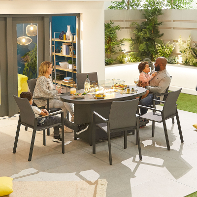Roma 6 Seat Aluminium Dining Set - Oval Gas Fire Pit Table in Graphite Grey