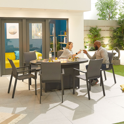 Roma 6 Seat Aluminium Dining Set - Oval Gas Fire Pit Table in Graphite Grey