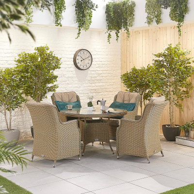 Thalia 4 Seat Rattan Dining Set - Round Table in Willow