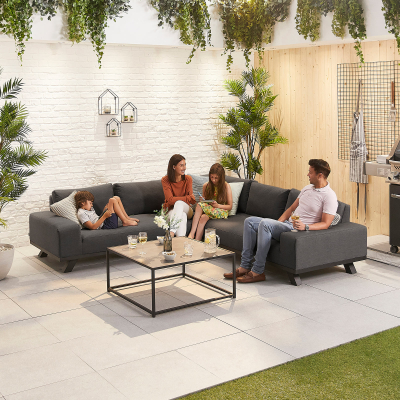 Tranquility All Weather Fabric Aluminium Corner Sofa Lounging Set with Square Coffee Table & No Armchairs in Charcoal Grey