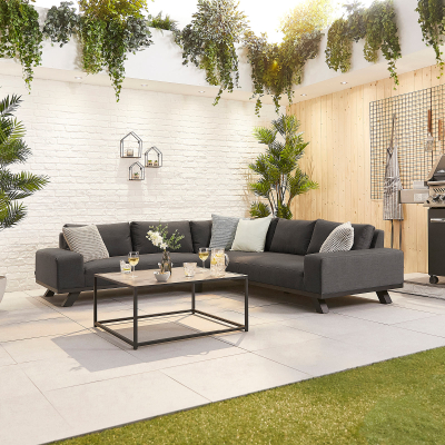 Tranquility All Weather Fabric Aluminium Corner Sofa Lounging Set with Square Coffee Table & No Armchairs in Charcoal Grey