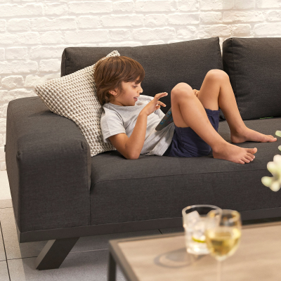 Tranquility All Weather Fabric Aluminium Corner Sofa Lounging Set with Square Coffee Table & 2 Armchairs in Charcoal Grey