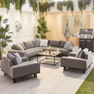 Tranquility All Weather Fabric Aluminium Corner Sofa Lounging Set with Square Coffee Table & 2 Armchairs in Ash Grey