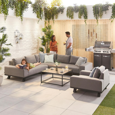 Tranquility All Weather Fabric Aluminium Corner Sofa Lounging Set with Square Coffee Table & 1 Armchair in Ash Grey