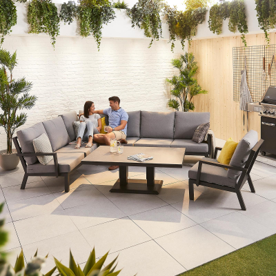 Vogue L-Shaped Corner Aluminium Lounge Dining Set with Armchair - Adjustable Rising Table in Graphite Grey