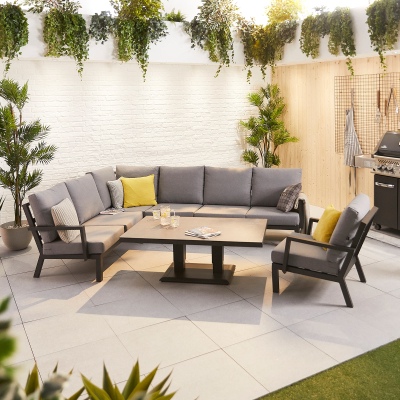 Vogue L-Shaped Corner Aluminium Lounge Dining Set with Armchair - Adjustable Rising Table in Graphite Grey
