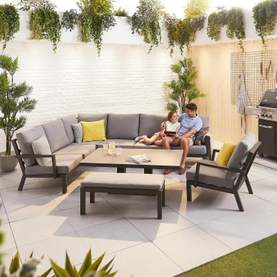 Vogue L-Shaped Corner Aluminium Lounge Dining Set with Armchair and Bench - Adjustable Rising Table in Graphite Grey