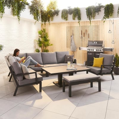 Vogue L-Shaped Corner Aluminium Lounge Dining Set with Armchair and Bench - Adjustable Rising Table in Graphite Grey