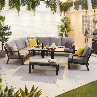 Vogue L-Shaped Corner Aluminium Lounge Dining Set with Armchair and Bench - Adjustable Rising Table in Graphite Grey