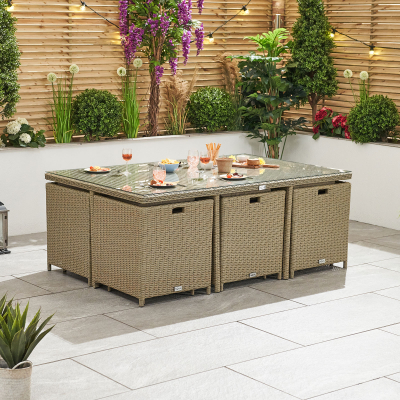 Catherine 6 Seat Rattan Cube Dining Set with 6 Stools - Rectangular Table in Willow