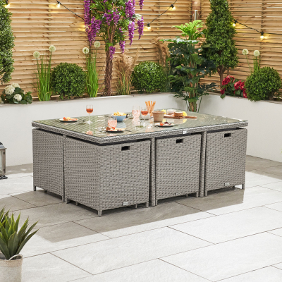 Catherine 6 Seat Rattan Cube Dining Set with 6 Stools - Rectangular Table in White Wash