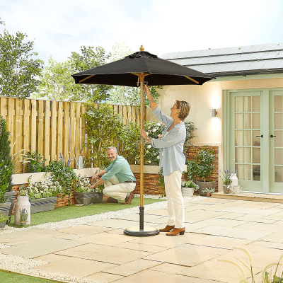 Dominica 2.0m Round Wooden Traditional Parasol - Black Canopy