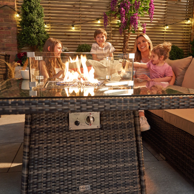 Cambridge Compact Corner Rattan Lounge Dining Set with 2 Stools - Square Gas Fire Pit Table in Brown Rattan