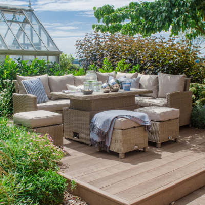 Ciara L-Shaped Corner Rattan Lounge Dining Set with 3 Stools - Right Handed Rising Polywood Table in Willow