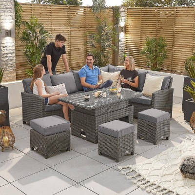 Ciara L-Shaped Corner Rattan Lounge Dining Set with 3 Stools - Right Handed Rising Table in Slate Grey