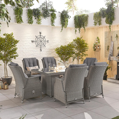 Carolina 6 Seat Rattan Dining Set - Rectangular Gas Fire Pit Table in White Wash