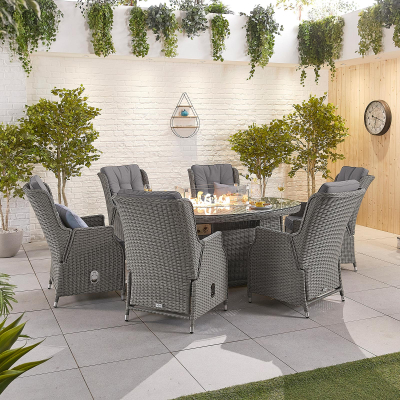 Carolina 6 Seat Rattan Dining Set - Oval Gas Fire Pit Table in Slate Grey