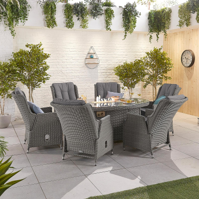 Carolina 6 Seat Rattan Dining Set - Oval Gas Fire Pit Table in Slate Grey