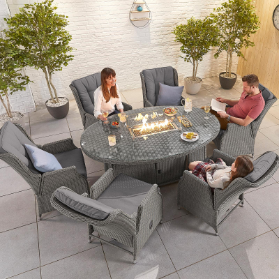 Carolina 6 Seat Rattan Dining Set - Oval Gas Fire Pit Table in Slate Grey