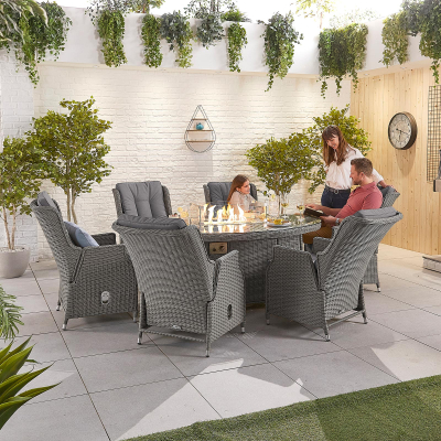 Carolina 6 Seat Rattan Dining Set - Oval Gas Fire Pit Table in Slate Grey