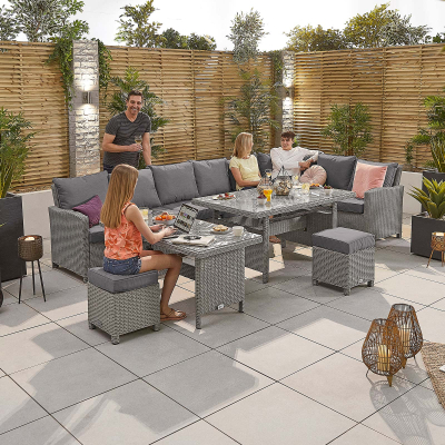 Ciara L-Shaped Corner Rattan Lounge Dining Set with 3 Stools - Right Handed Extending Table in White Wash