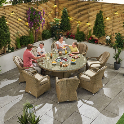 Leeanna 8 Seat Rattan Dining Set - Round Ice Bucket Table in Willow