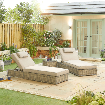 Oyster Rattan Sun Lounger Set of 2 and Side Table in Oyster