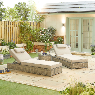 Oyster Rattan Sun Lounger Set of 2 and Side Table in Oyster