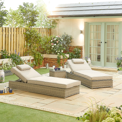 Oyster Rattan Sun Lounger Set of 2 and Side Table in Oyster