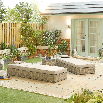 Oyster Rattan Sun Lounger Set of 2 and Side Table in Oyster
