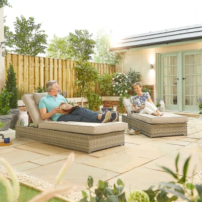 Oyster Rattan Sun Lounger Set of 2 and Side Table in Oyster