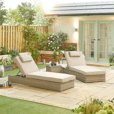 Oyster Rattan Sun Lounger Set of 2 and Side Table in Oyster