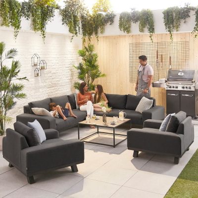 Tranquility All Weather Fabric Aluminium Corner Sofa Lounging Set with Square Coffee Table & 2 Armchairs in Charcoal Grey