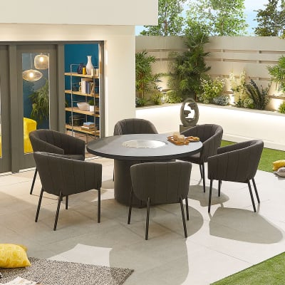 Edge 6 Seat All Weather Fabric Aluminium Dining Set - Round Gas Fire Pit Table in Charcoal Grey