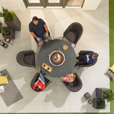 Edge 6 Seat All Weather Fabric Aluminium Dining Set - Round Gas Fire Pit Table in Charcoal Grey