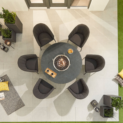 Edge 6 Seat All Weather Fabric Aluminium Dining Set - Round Gas Fire Pit Table in Charcoal Grey