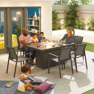 Milano 6 Seat Aluminium Dining Set - Rectangular Gas Fire Pit Table in Graphite Grey