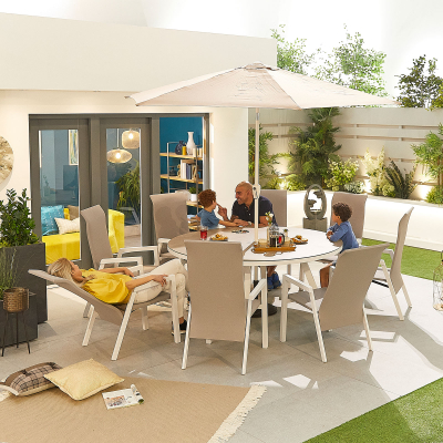 Venice 8 Seat Aluminium Dining Set - Round Table in Chalk White