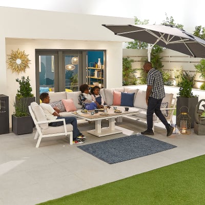 Vogue L-Shaped Corner Aluminium Lounge Dining Set with Armchair - Adjustable Rising Table in Chalk White