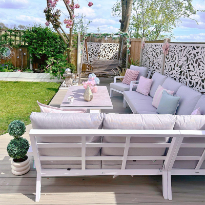 Vogue L-Shaped Corner Aluminium Lounge Dining Set with Armchair - Adjustable Rising Table in Chalk White
